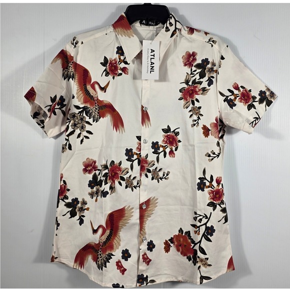 Atlanl Other - Atlanl Mens Short Sleeve Button Down Shirt White Red Crane Floral Print Size S